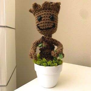 Handmade Crocheted Baby Groot in hard planting pot